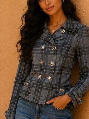 Maurices Gray Plaid Double Breasted Peacoat Jacket Cropped Sleeve Size L